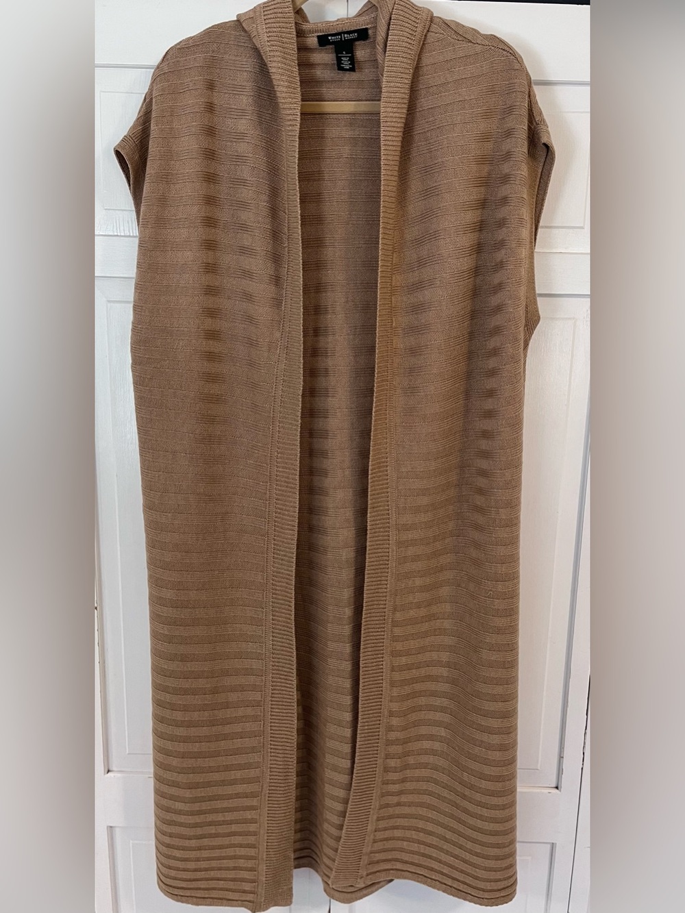 White House Black Market Camel Knit Ribbed Hooded Open Duster Sweater